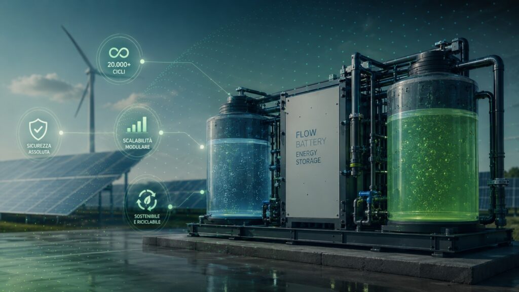 Sistema di stoccaggio energetico con batterie a flusso per applicazioni industriali e rinnovabili